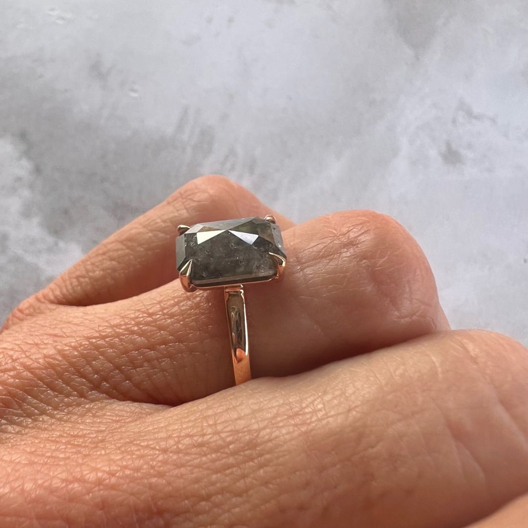 2.91ct Emerald cut Salt & Pepper Diamond Solitaire Ring