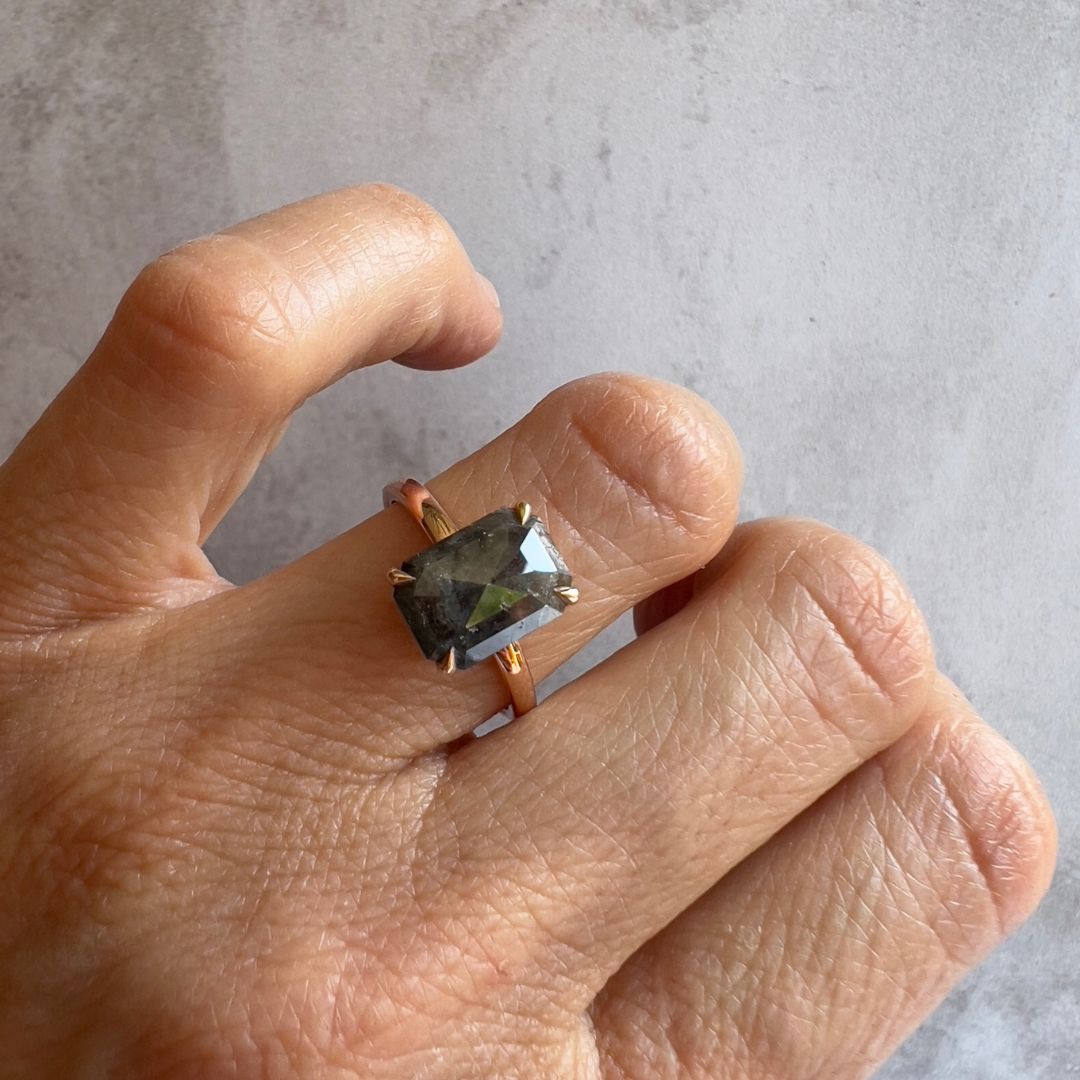 2.91ct Emerald cut Salt & Pepper Diamond Solitaire Ring