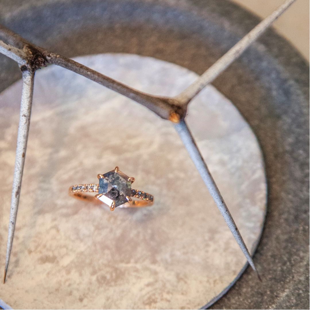 1.25ct Hexagon Cut Salt & Pepper Diamond Ring