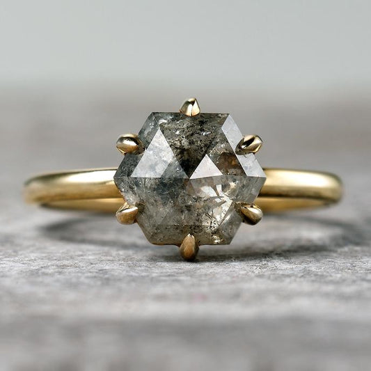 1.76ct Hexagon Cut Salt & Pepper Diamond Solitaire Ring